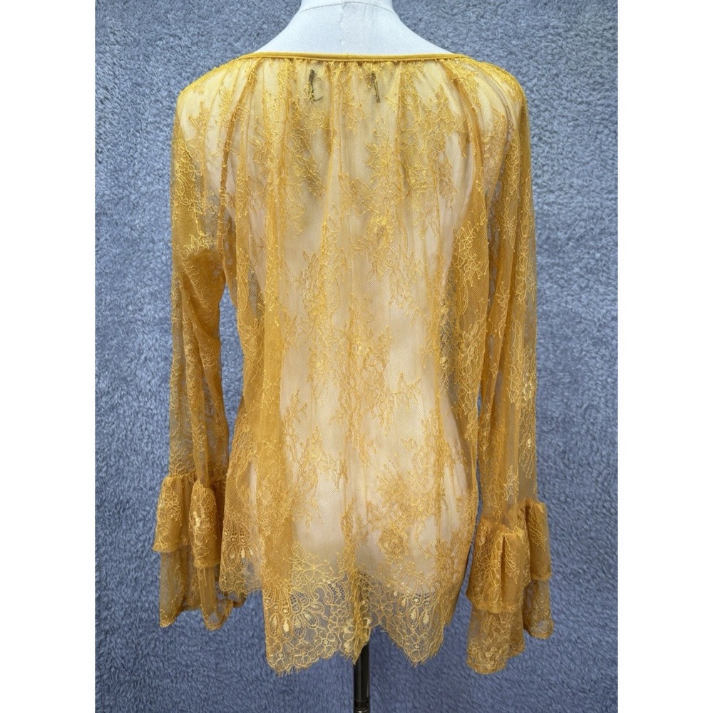 Womens XL Yellow Floral Lace Top Sheer Ruffle Sleeve Peasant Boho Fairycore - Picture 4 of 9